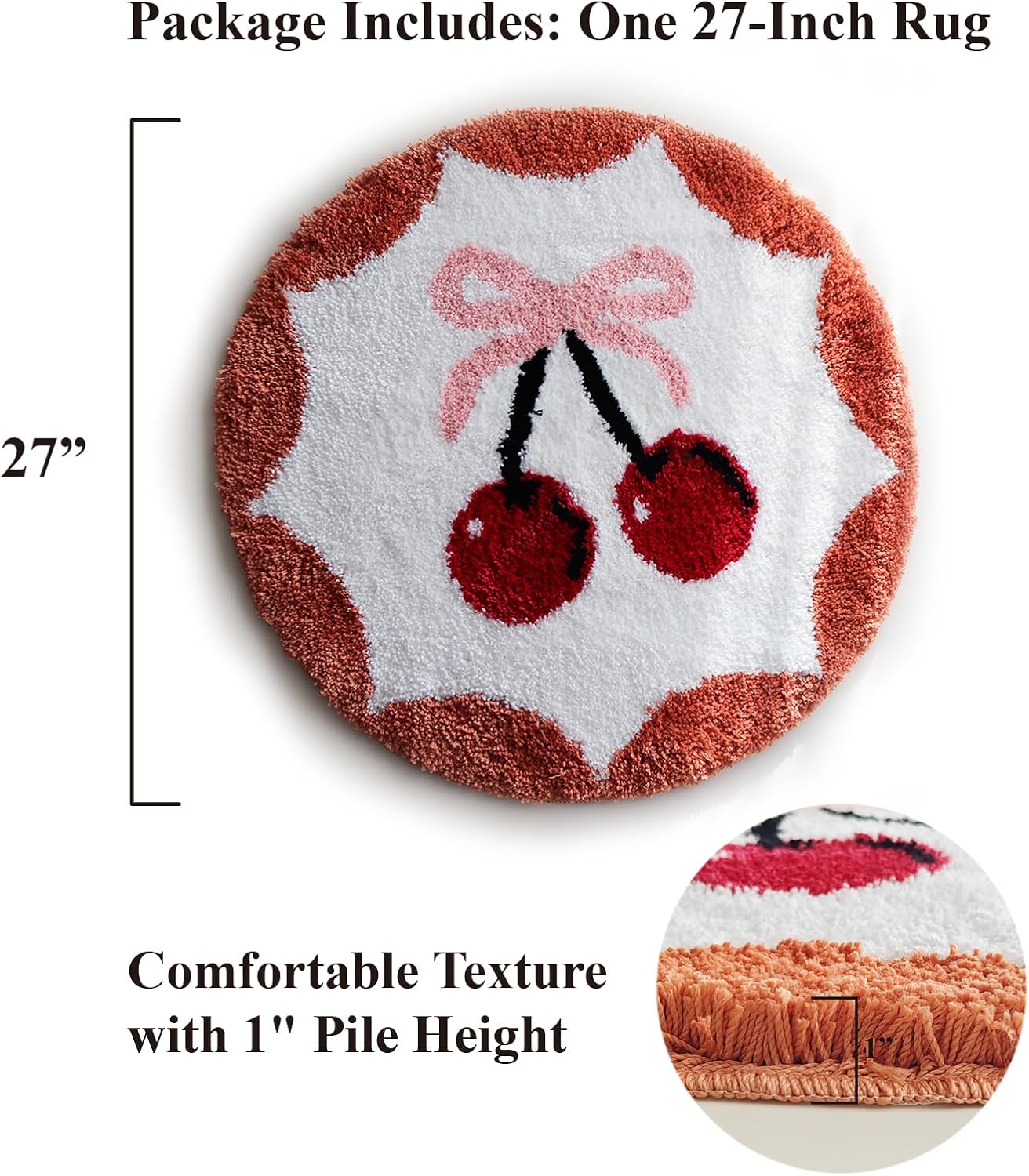 6 Funpop Fluffy Rug, 27 in Tufted Round Cherry Area Rug for Bedroom; Non - Slip Bath Mat for Bathroom; Soft Cute Carpet for Living Room, for Girls' Room, for Kitchen, Machine - Washable