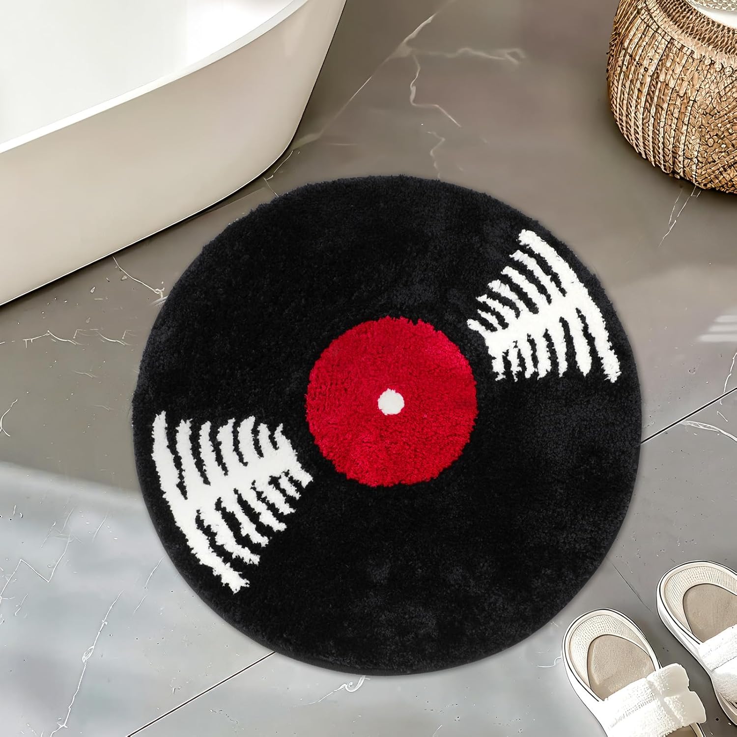 Vinyl Record Bath Mat Music Round Rug Retro Tub Bath Rug Non Slip Washable Funny Bathroom Decor Absorbent Tufted Rug Carpet for Bedroom Living Room Music Theme Decor Black and White 23.5