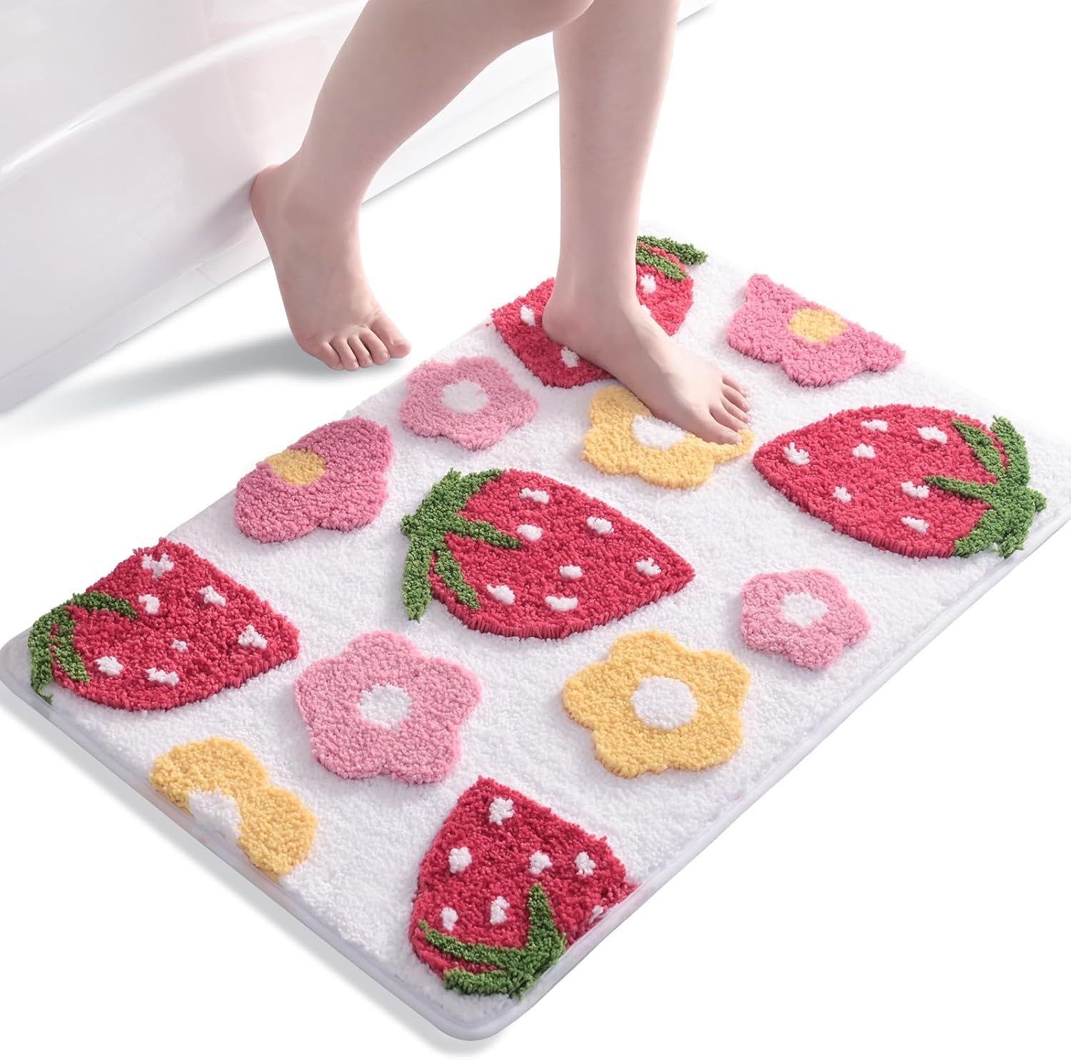 Anybar Cute Strawberry Bath Mat White Bathroom Rugs Coloful Bathroom Decor, Funny Flower Rug Non Slip Floor Mat, Machine Washable Bath Rug Soft Microfiber Carpet for Shower, Tub (20x32 inch)