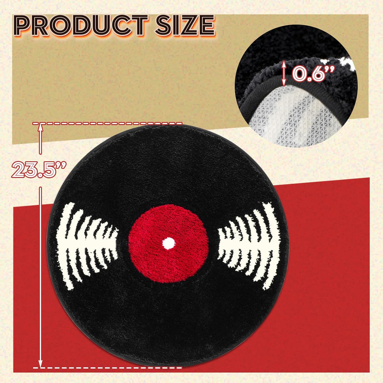 Vinyl Record Bath Mat Music Round Rug Retro Tub Bath Rug Non Slip Washable Funny Bathroom Decor Absorbent Tufted Rug Carpet for Bedroom Living Room Music Theme Decor Black and White 23.5
