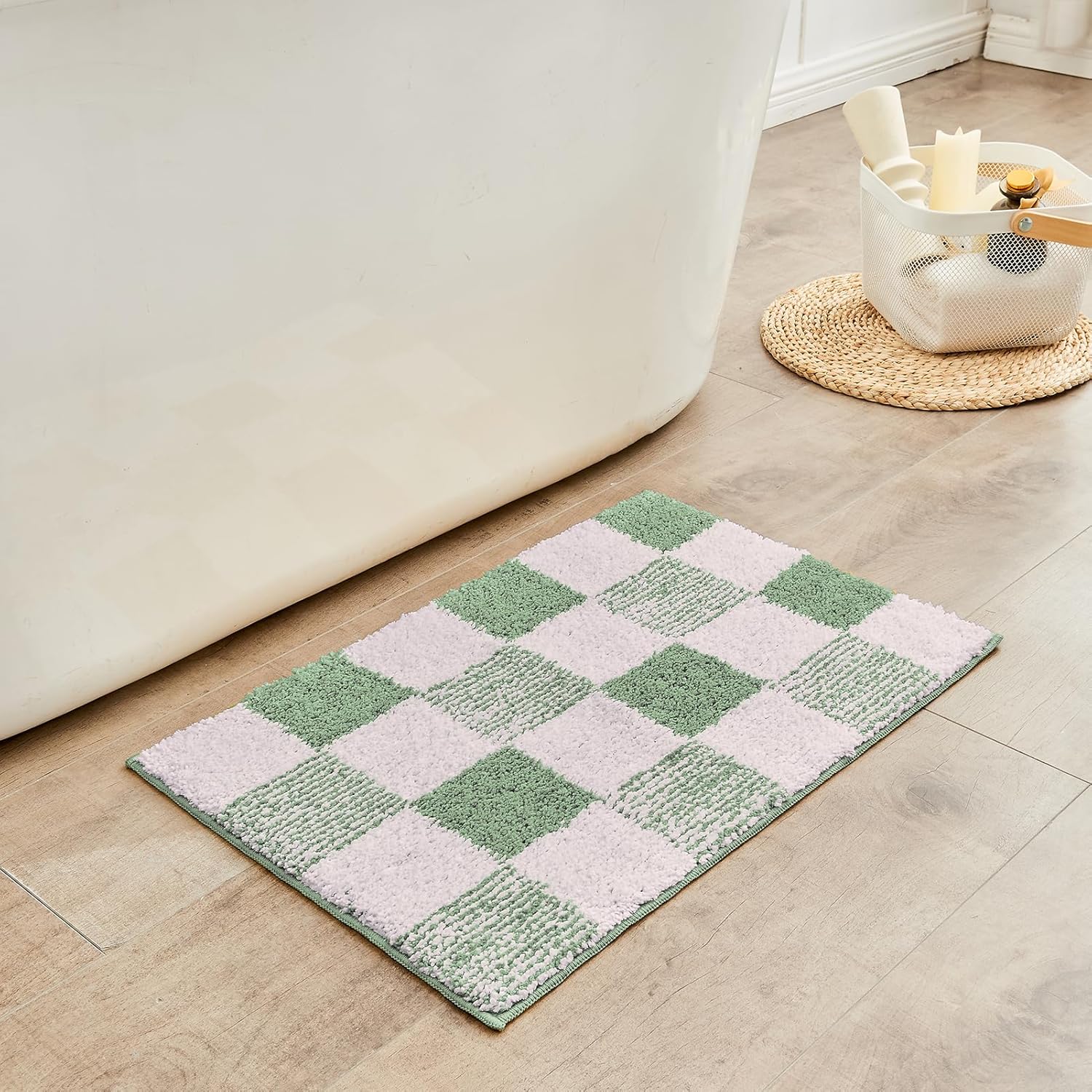 CozeCube Bath mats for Bathroom Non Slip, Fluffy Absorbent Microfiber Bath mat Washable, Aesthetic Bathroom Rugs, Small Sage Green Checkered Bath mat, Sage Green, 24