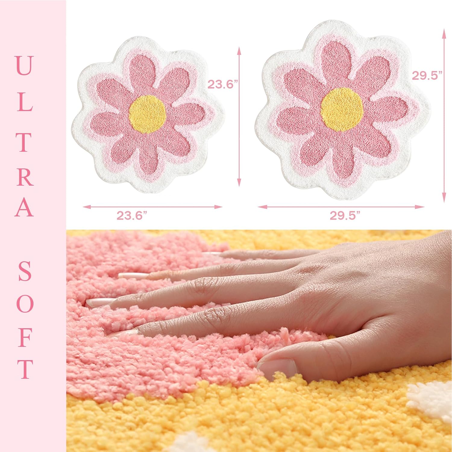 YRXRUS Flower Bath Mat, Pink Bathroom Rug, Beauty Bath Mats, Ultra Soft Microfiber Bath Rug, Machine Washable Flower Rug, Shower Bathtub Mat Gift Aesthetic Summer Room Decor, 23.6x23.6 in