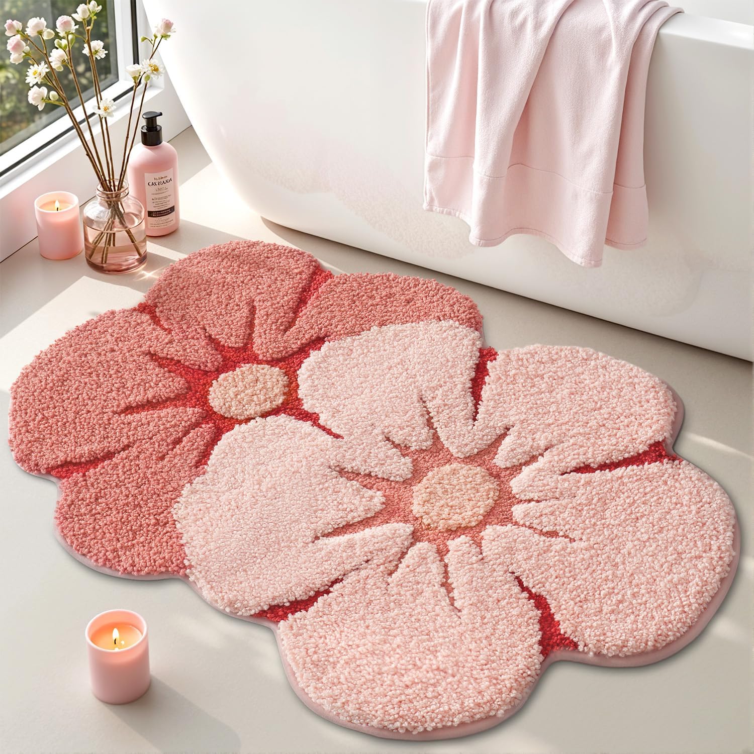 LUMI Flower Bath Rug, Funny Floral Bath Mat, Soft Plush Fluffy Red Rug, Absorbent, Non-Slip for Bathroom, Kitchen Sink, Bedroom, Kid's Bedroom, and Living Room, 20