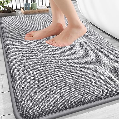 OLANLY Thick Memory Foam Bath Mat in grey showing plush surface and non-slip backing