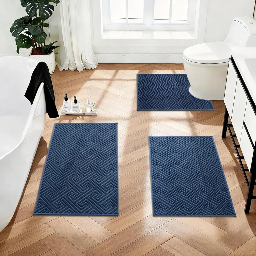 YIHOUSE Navy Blue Bathroom Rugs Sets 3 Piece