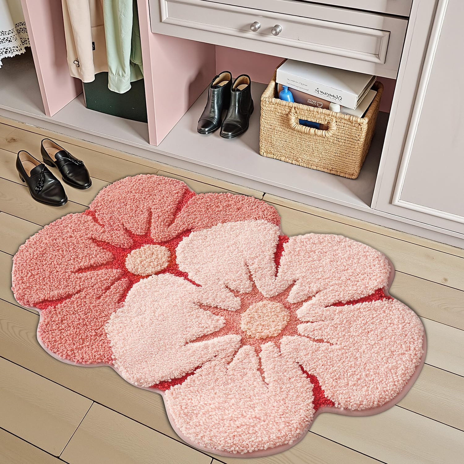 LUMI Flower Bath Rug, Funny Floral Bath Mat, Soft Plush Fluffy Red Rug, Absorbent, Non-Slip for Bathroom, Kitchen Sink, Bedroom, Kid's Bedroom, and Living Room, 20