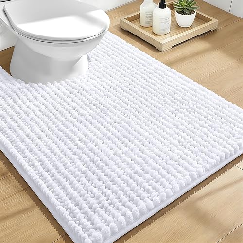OLANLY U-Shaped Toilet Rug in beige showing contoured design that fits perfectly around toilet base