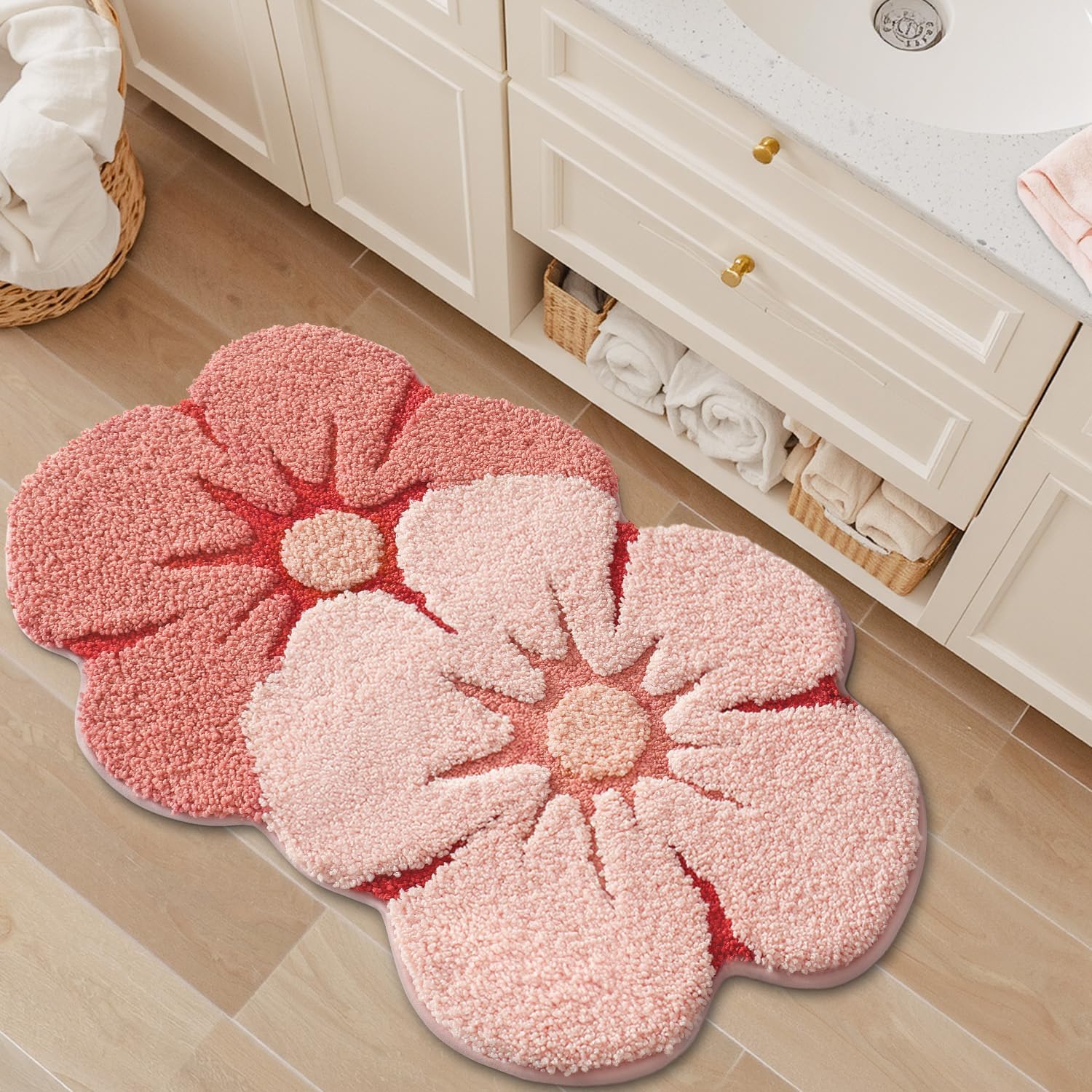 LUMI Flower Bath Rug, Funny Floral Bath Mat, Soft Plush Fluffy Red Rug, Absorbent, Non-Slip for Bathroom, Kitchen Sink, Bedroom, Kid's Bedroom, and Living Room, 20