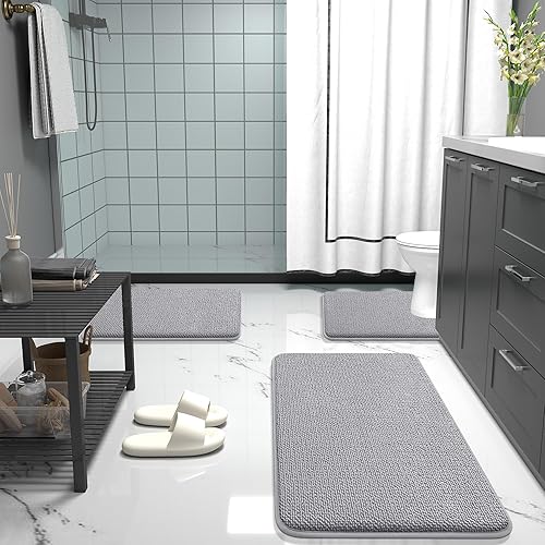 OLANLY Thick Memory Foam Bath Mat in grey showing plush surface and non-slip backing - view 5