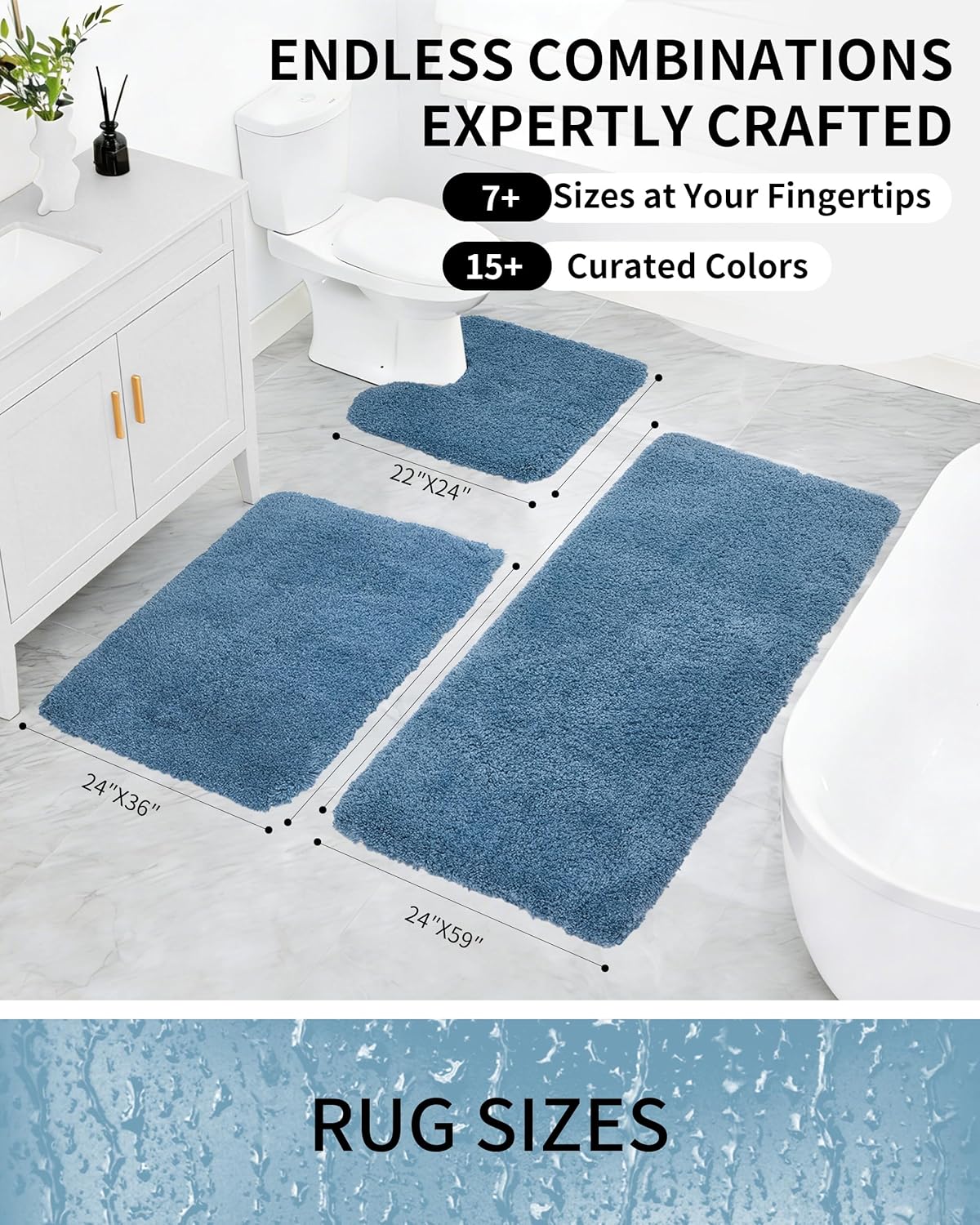 Ruggnovea Bathroom Rugs Non Slip Washable, Ultra Soft Thick Shaggy Absorbent Bath Mats, High Density Foam Latex Non Slip Backing Bath Rugs, Microfiber Bath Mats for Bathroom Floor&Sink,24x17,Blue