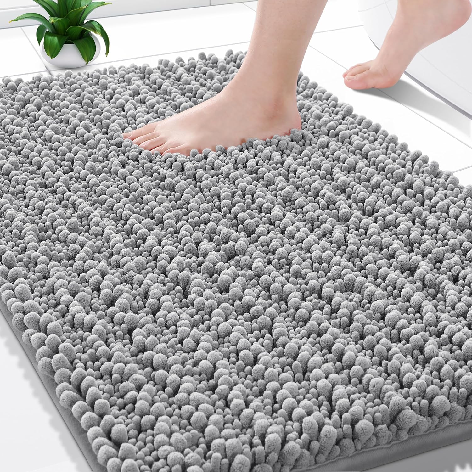 Yimobra Bathroom Rugs Non Slip Washable - Ultra Soft Absorbent Chenille Bath Mat, Quick Dry Shaggy Floor Carpet for Tub Shower, Gray Home Decor Accessories, 24x17 Inch