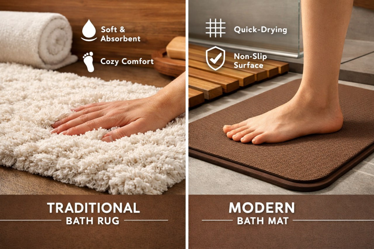 Plush bath rug outside a bathtub showing soft chenille texture
