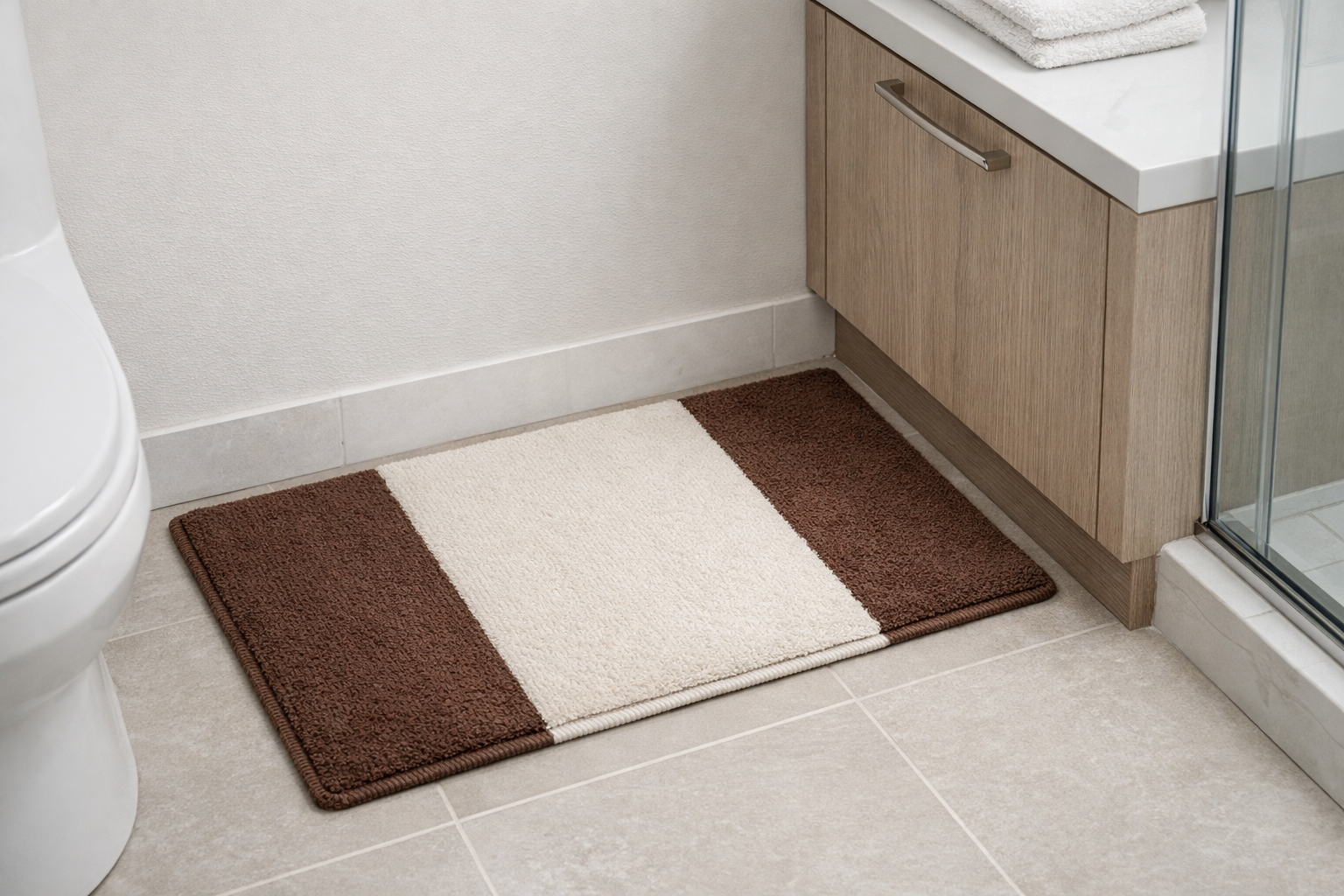 Compact bath rug styled in a small modern bathroom showing perfect fit next to a white tub