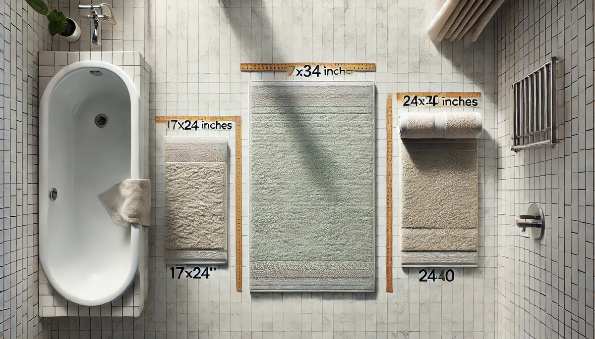 Various bath rug sizes laid out in a bright modern bathroom