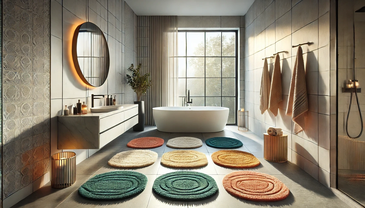 Five bath rugs tested on white tile bathroom floor