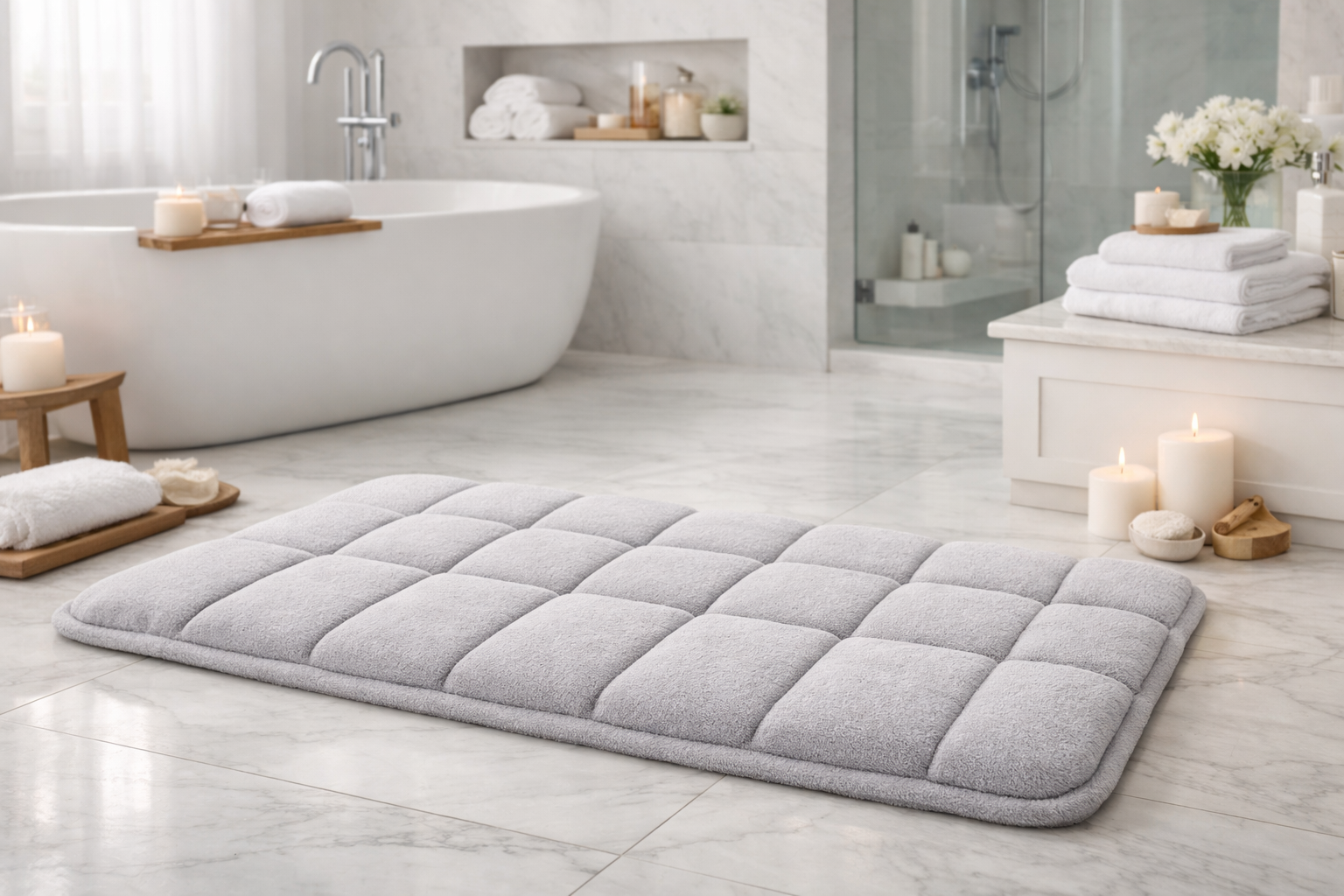 Luxurious memory foam bath rug in a modern white bathroom with natural lighting, showing the plush texture and elegant design