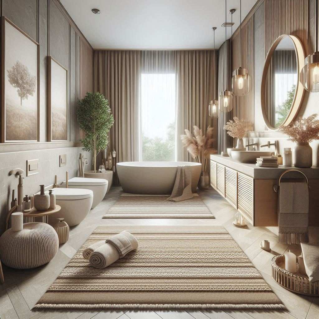 Luxury modern bathroom featuring coordinated bath rugs that enhance the overall design aesthetic