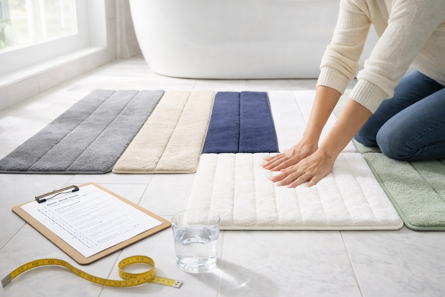 Our hands-on testing setup: multiple memory foam bath rugs laid out for comfort, grip, and absorbency evaluation